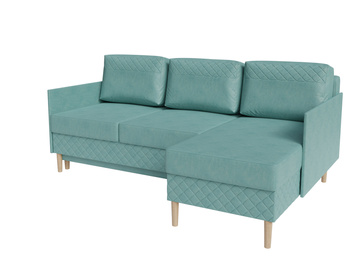 Uniwersalny rozkładany narożnik Quavo L-kształtny funkcja spania pojemnik skandynawski styl drewniane nóżki luźne poduszki