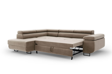 Duży nowoczesny narożnik Bergamo funkcja spania pojemnik pikowane siedzisko