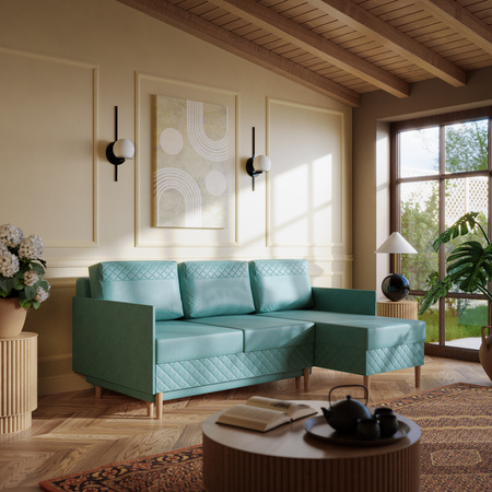 Uniwersalny rozkładany narożnik Quavo L-kształtny funkcja spania pojemnik skandynawski styl drewniane nóżki luźne poduszki