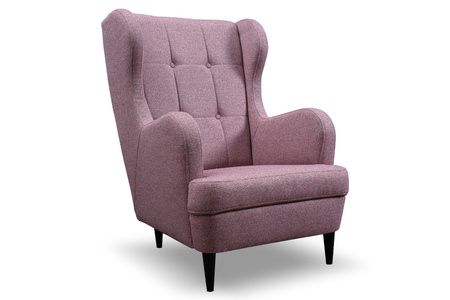 Klasyczny pikowany fotel uszak Snug smukłe drewniane nóżki