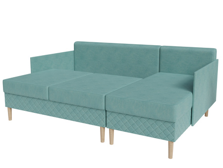 Uniwersalny rozkładany narożnik Quavo L-kształtny funkcja spania pojemnik skandynawski styl drewniane nóżki luźne poduszki