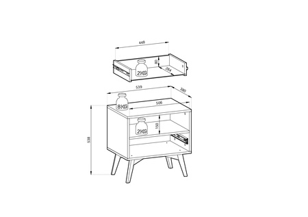 Szafka nocna w skandynawskim stylu z szufladą i otwartą półką dostępna w 2 kolorach kolekcja Idaho