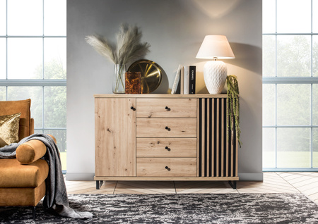 Nowoczesna komoda z lamelami wyposażona w 2 szafki i 4 szuflady kolekcja Camelo