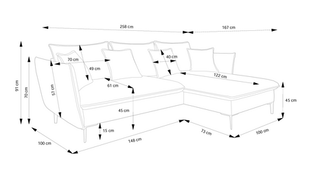 Nowoczesny rozkładany narożnik Glamour z pojemnikiem czarne metalowe nóżki